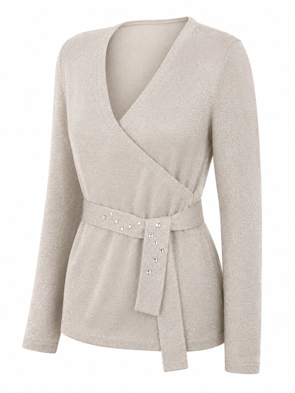 Nine & Co. Beige Metallic Wrap Belted Long-Sleeve Top - Picture 3 of 8